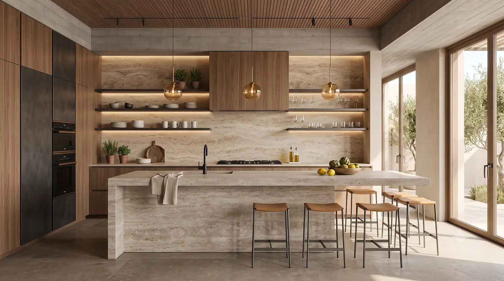 A warm, daylit kitchen with timber cabinetry, a stone island and open shelving